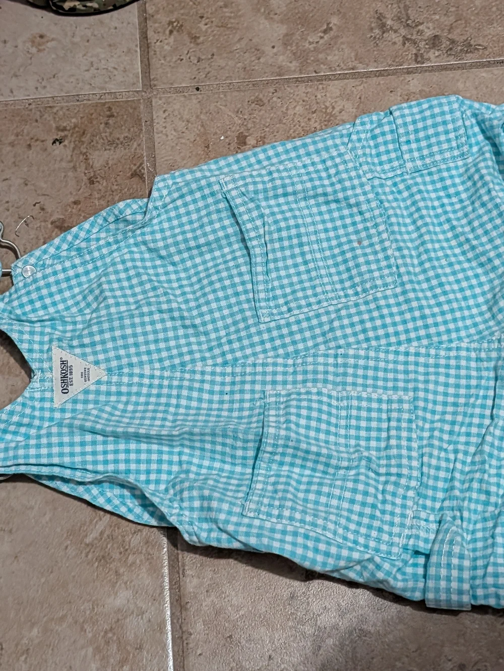 Vintage OshKosh B'gosh Aqua Gingham Short Overalls Sz 6-9m
